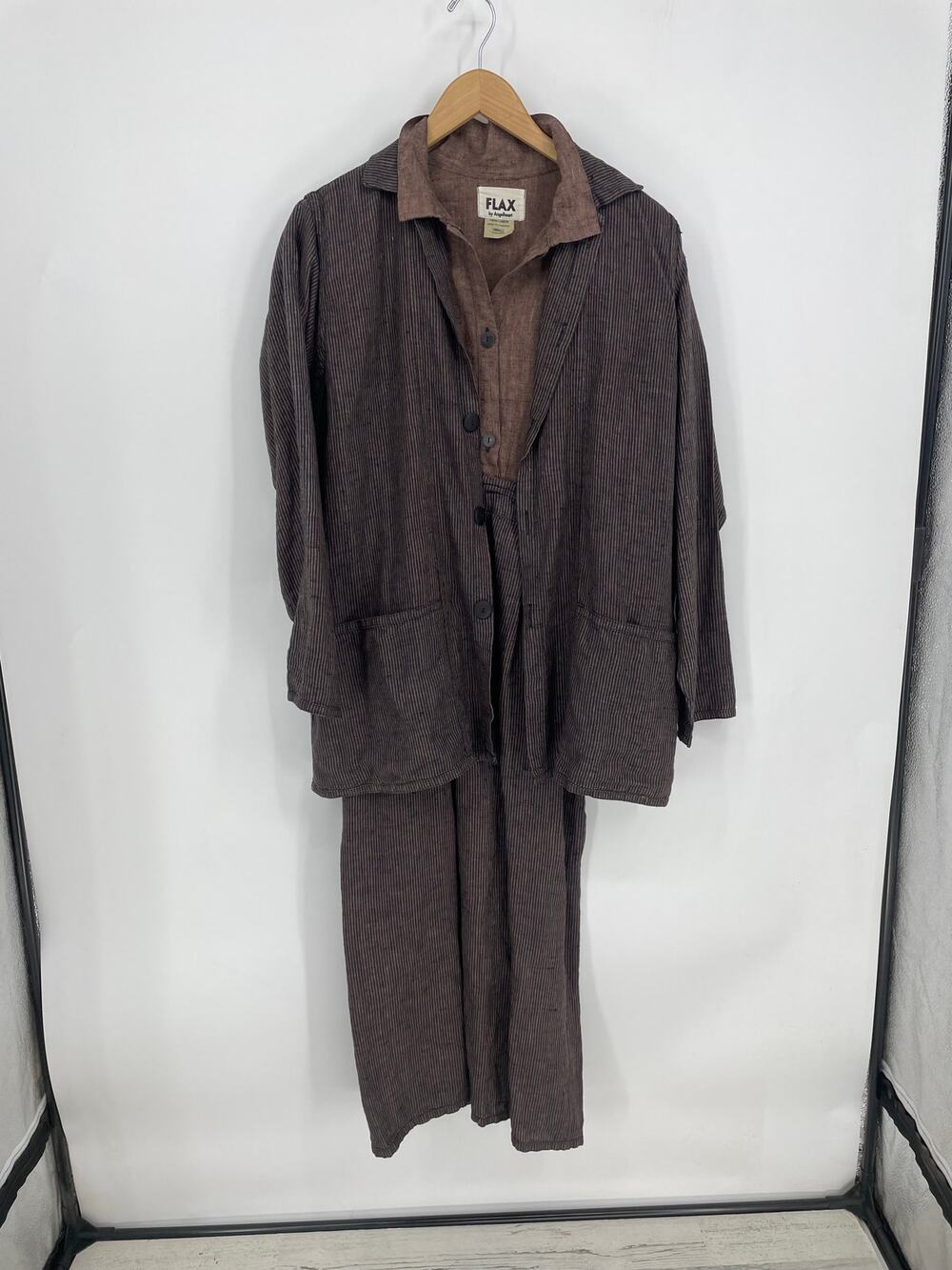 Flax Angelheart Linen Vintage Brown 2 Piece Set Jacket Jumpsuit Size Small